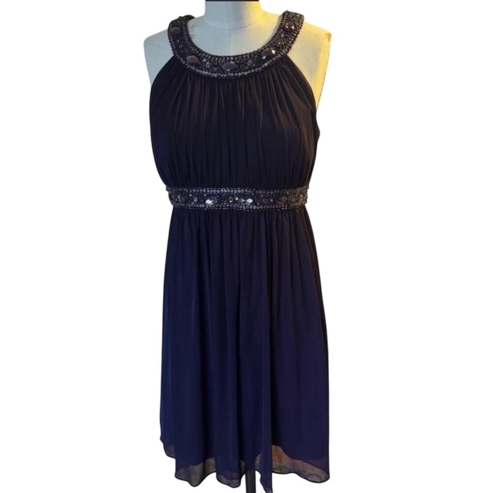 Xscape Size 10 Purple Beaded Halter Cocktail Dress Empire Waist Formal